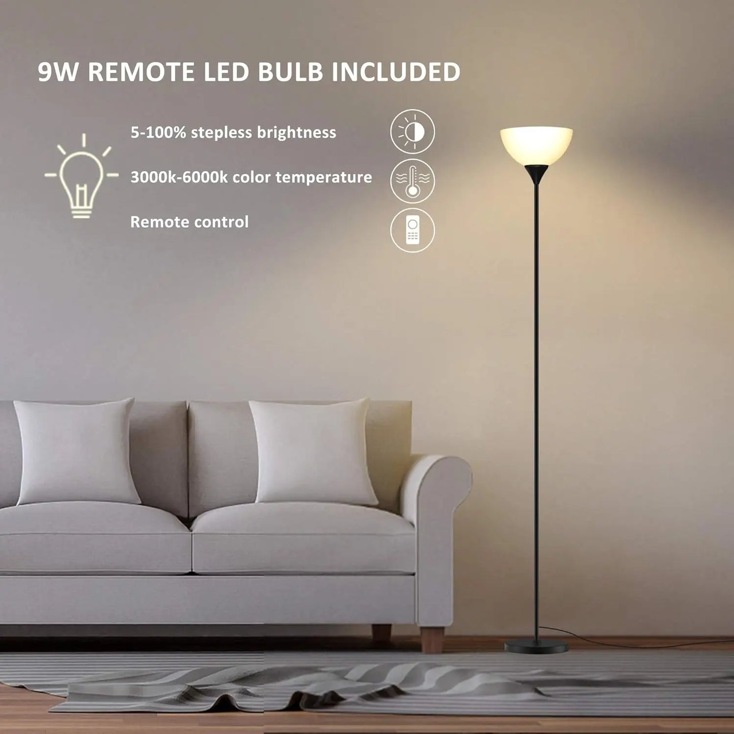 Torchiere Floor Lamp with Remote, Dimmable 9W LED, Stepless Color Temp 3000K-6000K, Foot Switch, Easy Assembly, Matte Black