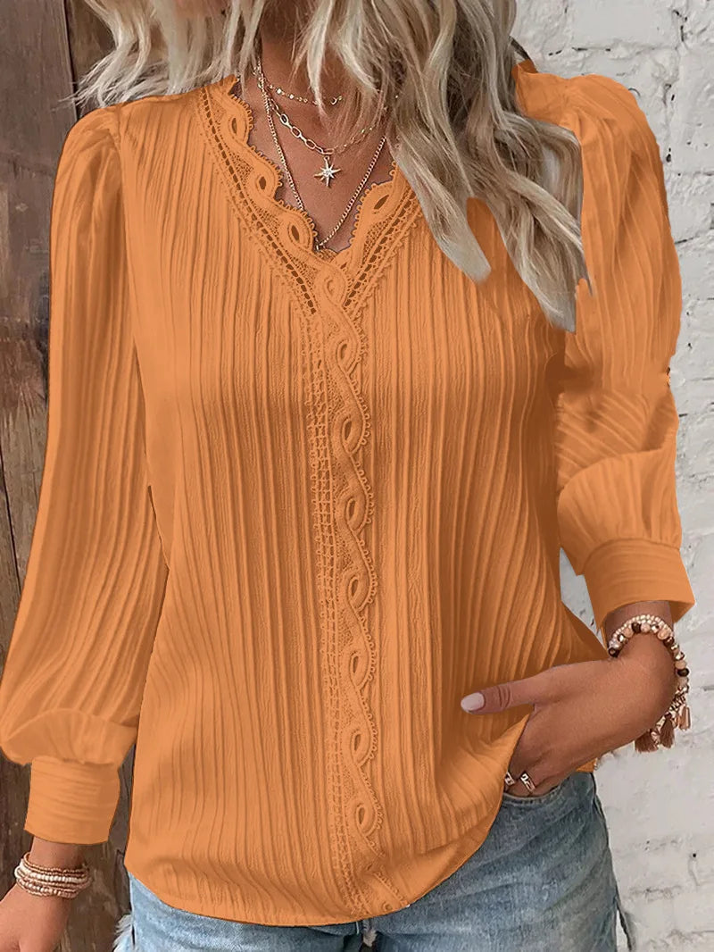 Solid Pullover Blouse Women Shirts Lace Spliced V Neck Blouses Loose Fit Summer Casual 2025 Slight Strech Basics Long Sleeve