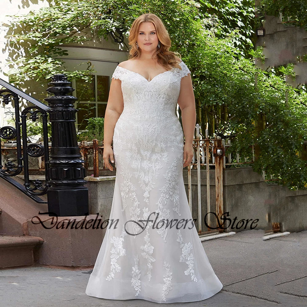 Modern Wedding Dresses For Women Off The Shoulder V-Neck  Bride Gowns With Lace Applique Mermaid Vestido Plus Size PSL980011