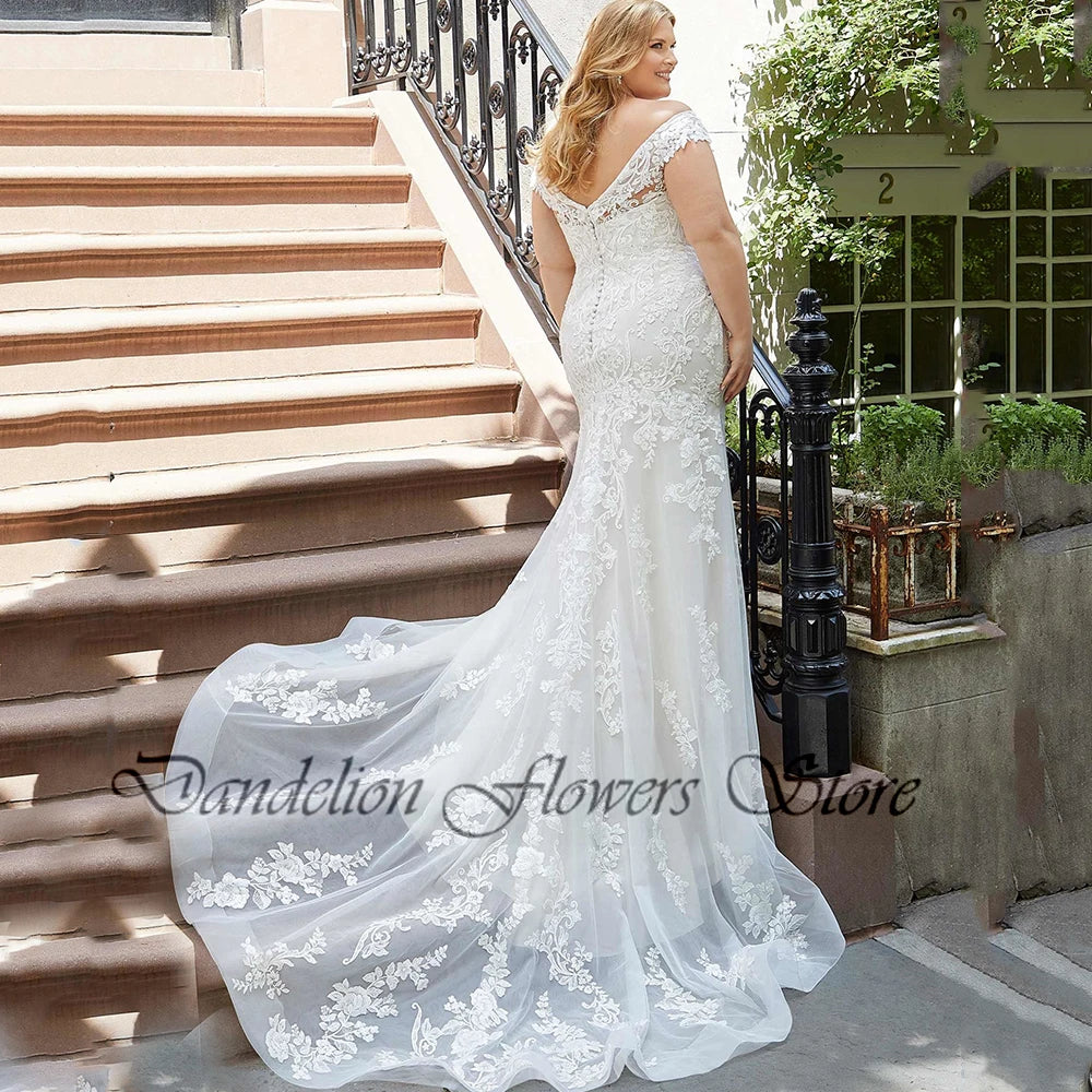 Modern Wedding Dresses For Women Off The Shoulder V-Neck  Bride Gowns With Lace Applique Mermaid Vestido Plus Size PSL980011
