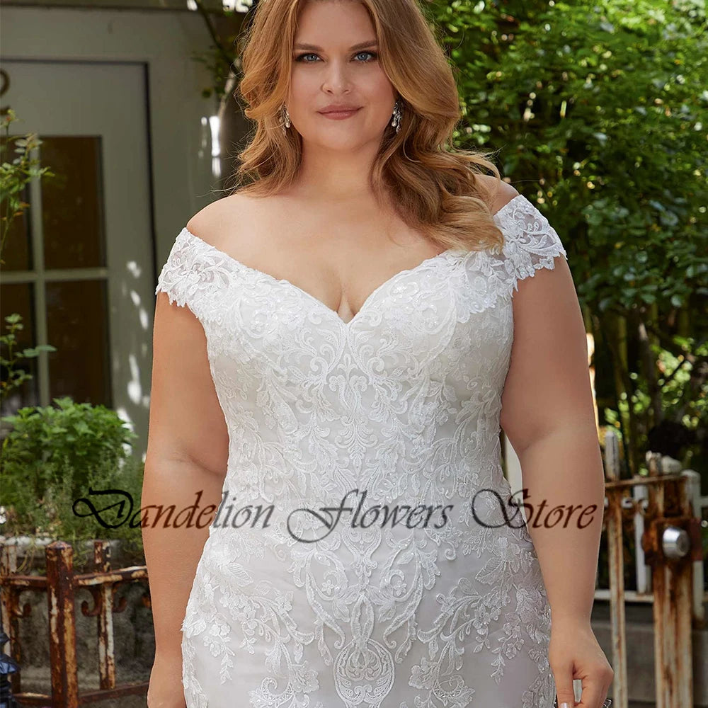 Modern Wedding Dresses For Women Off The Shoulder V-Neck  Bride Gowns With Lace Applique Mermaid Vestido Plus Size PSL980011