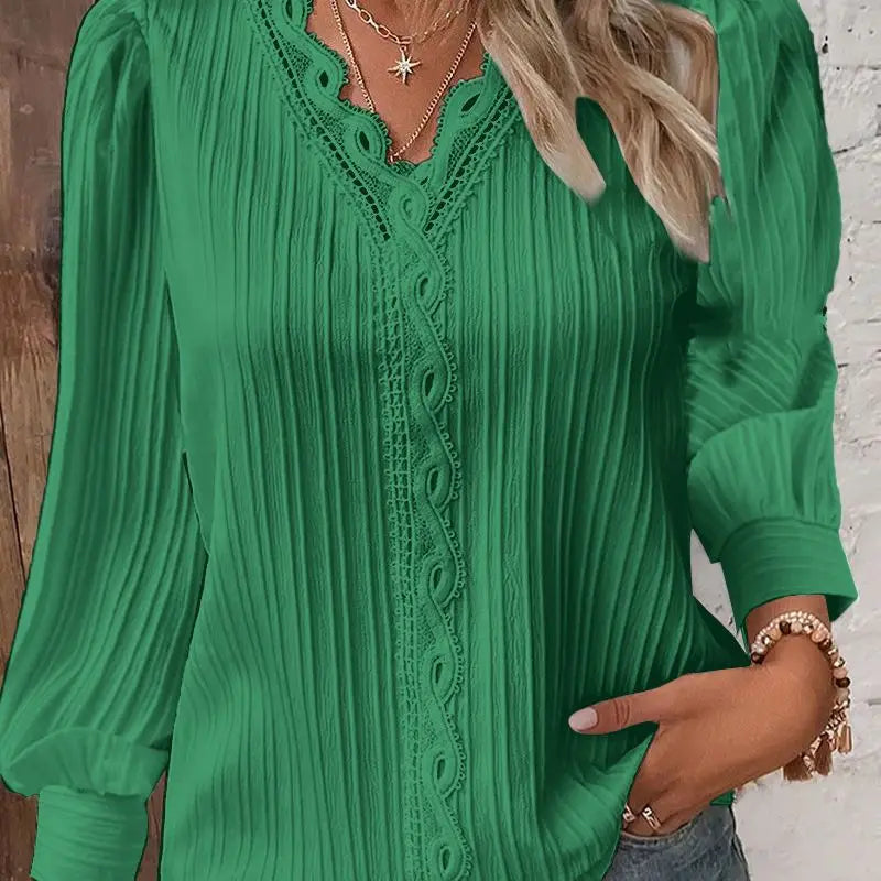 Solid Pullover Blouse Women Shirts Lace Spliced V Neck Blouses Loose Fit Summer Casual 2025 Slight Strech Basics Long Sleeve
