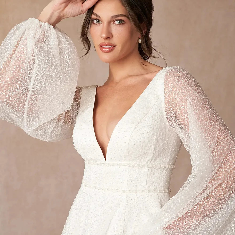 Strapless Full Sleeve Wedding Dresses with Sequined 2025 Side Slit Bridal Gowns Sweep Train Vestido De Novia New Zipper Back
