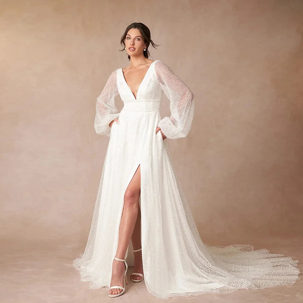 Strapless Full Sleeve Wedding Dresses with Sequined 2025 Side Slit Bridal Gowns Sweep Train Vestido De Novia New Zipper Back