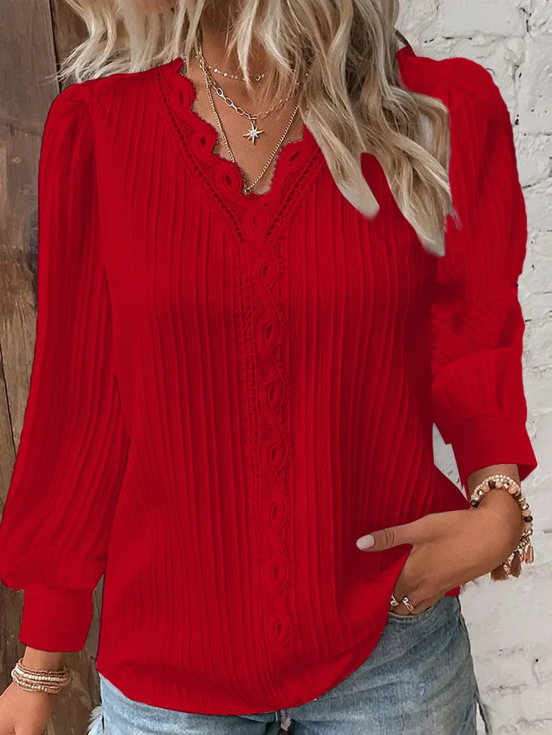 Solid Pullover Blouse Women Shirts Lace Spliced V Neck Blouses Loose Fit Summer Casual 2025 Slight Strech Basics Long Sleeve