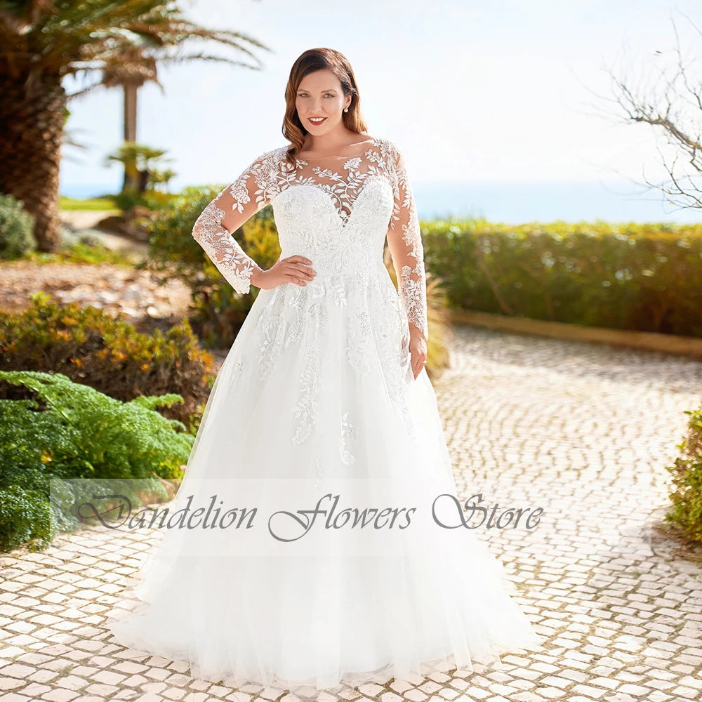 Pastrol Wedding Dresses Plus Size O Neck Long Sleeves Bride Gowns Lace Applique Backless A-Line Sweep Train فستان حفلا