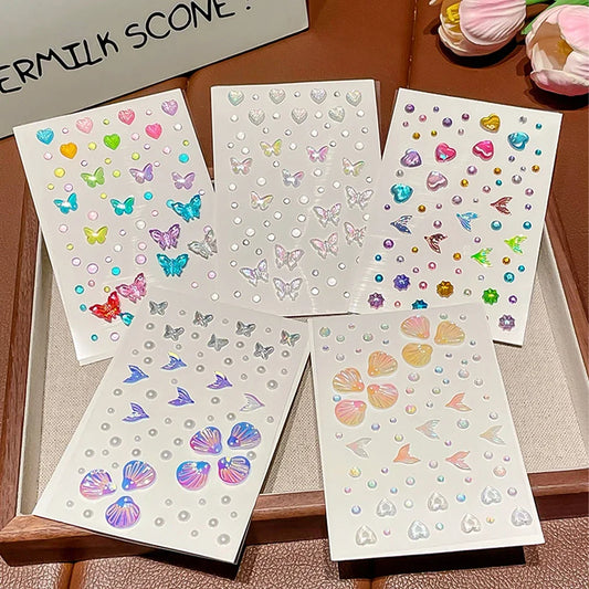 Crystal Rhinestone Butterfly Glitter Stickers Shining Aurora Pearl Shell for Children Stage Makeup Face Decoration