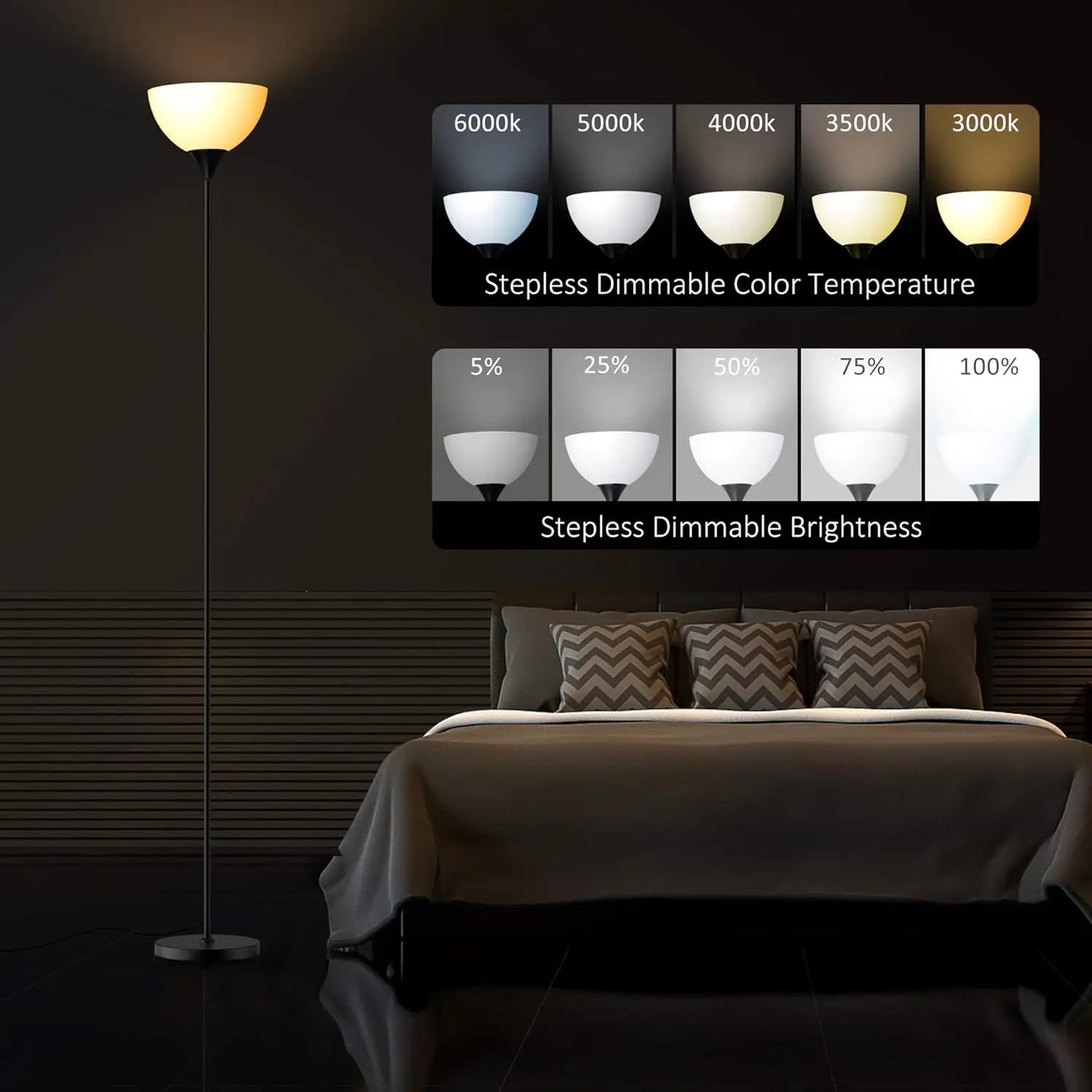 Torchiere Floor Lamp with Remote, Dimmable 9W LED, Stepless Color Temp 3000K-6000K, Foot Switch, Easy Assembly, Matte Black