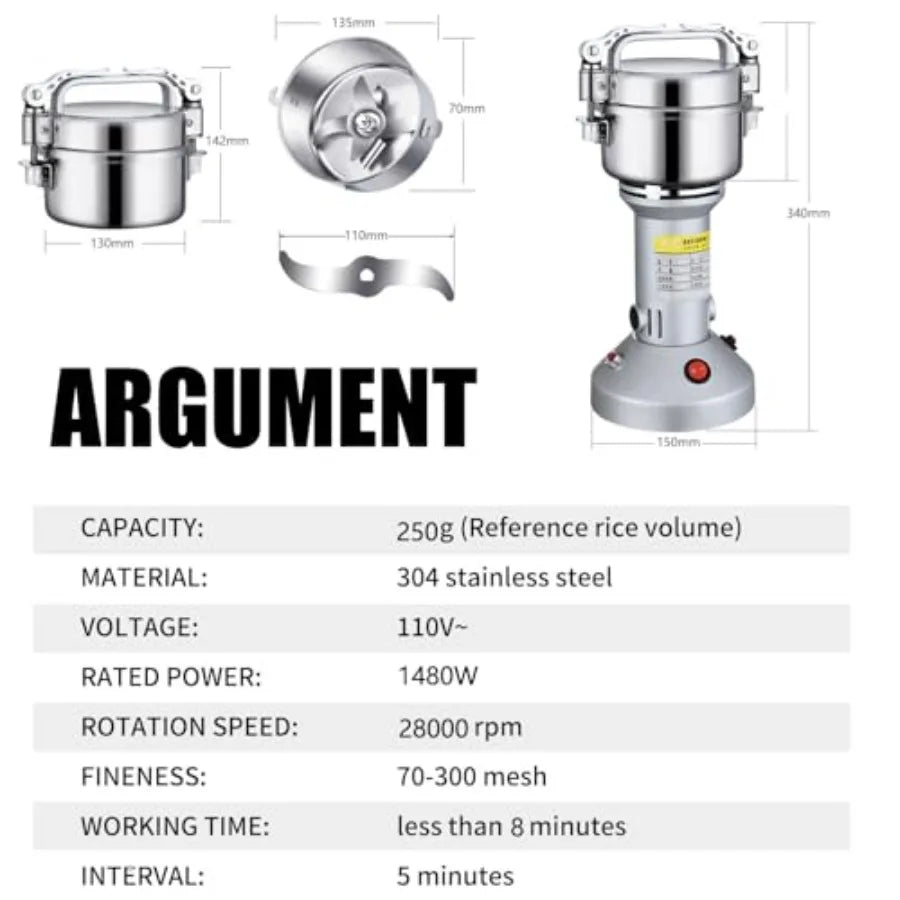 Grain Grinder Mill 250g Electric Stainless Steel Grain Grinder 1480W High-speed Spice Herb Grinder for Corn, Flour, Wheat, Pepp