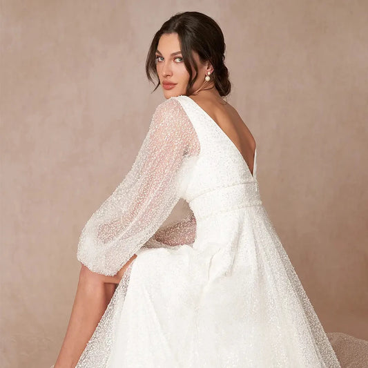 Strapless Full Sleeve Wedding Dresses with Sequined 2025 Side Slit Bridal Gowns Sweep Train Vestido De Novia New Zipper Back