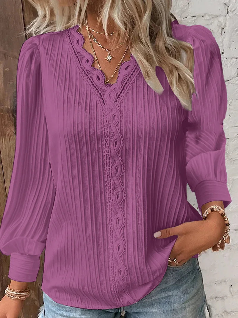 Solid Pullover Blouse Women Shirts Lace Spliced V Neck Blouses Loose Fit Summer Casual 2025 Slight Strech Basics Long Sleeve