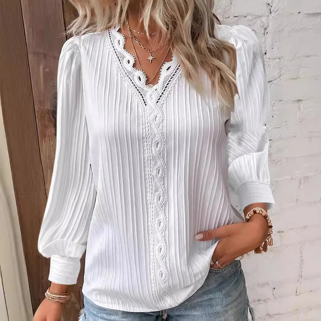 Solid Pullover Blouse Women Shirts Lace Spliced V Neck Blouses Loose Fit Summer Casual 2025 Slight Strech Basics Long Sleeve