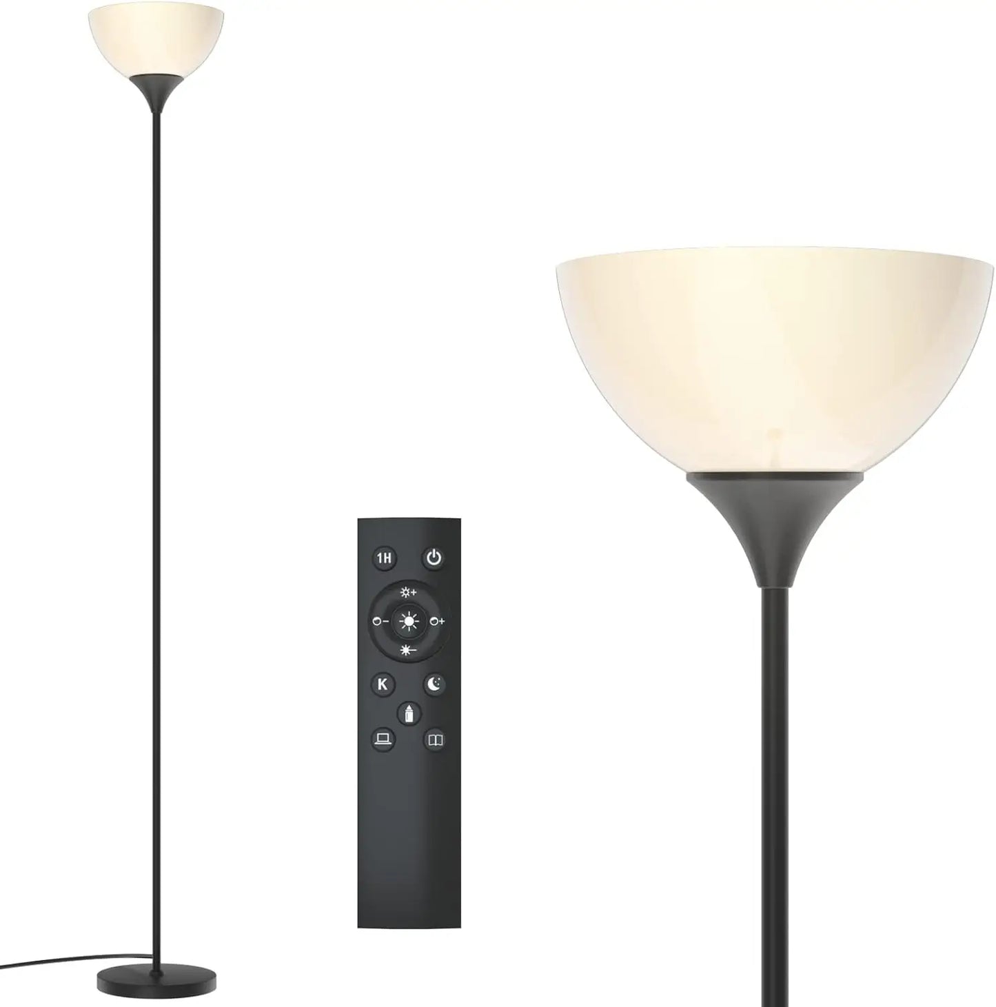 Torchiere Floor Lamp with Remote, Dimmable 9W LED, Stepless Color Temp 3000K-6000K, Foot Switch, Easy Assembly, Matte Black