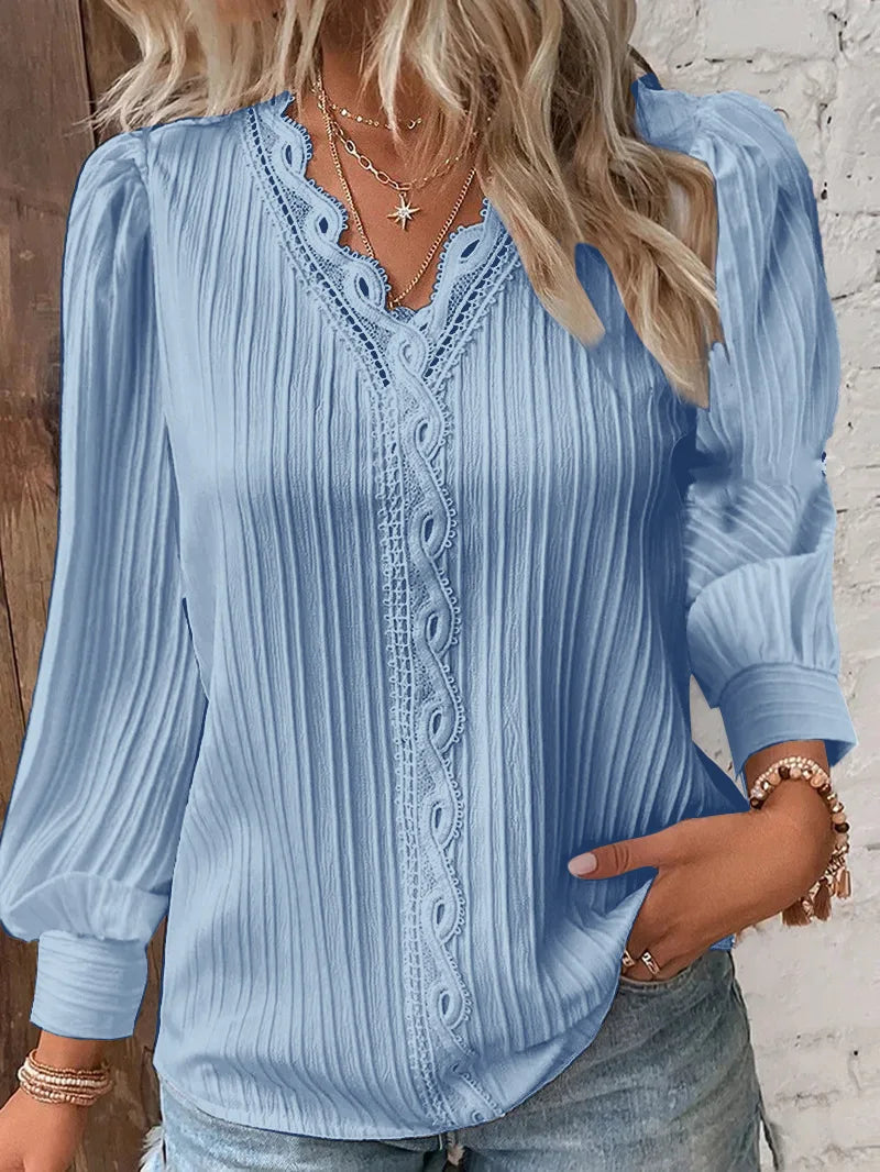 Solid Pullover Blouse Women Shirts Lace Spliced V Neck Blouses Loose Fit Summer Casual 2025 Slight Strech Basics Long Sleeve
