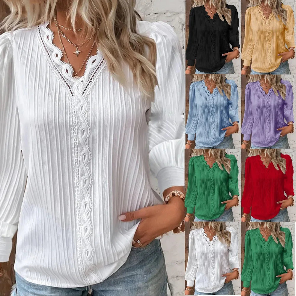 Solid Pullover Blouse Women Shirts Lace Spliced V Neck Blouses Loose Fit Summer Casual 2025 Slight Strech Basics Long Sleeve